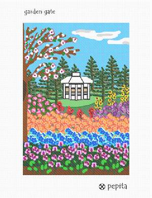 A flower garden surrounds a gazebo, backed by stately evergreens.