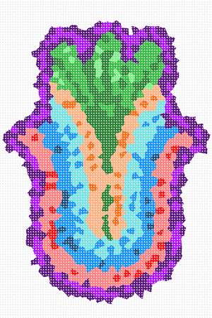 Hamsa amulet design in crystal-shaped swaths of bright color.