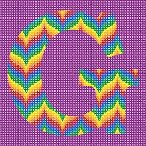 Alphabet in bright building block colors. Bargello is a type of needlepoint embroidery consisting of upright flat stitches laid in a mathematical pattern to create motifs. The name originates from a series of chairs found in the Bargello palace in Florence, which have a "flame stitch" pattern.

Traditionally, Bargello was stitched in wool on canvas. Embroidery done this way is remarkably durable. It is well suited for use on pillows, upholstery and even carpets, but not for clothing. In most traditional pieces, all stitches are vertical with stitches going over two or more threads.
About 100 languages use the same alphabet like in English which makes it one of the most widely used alphabets in the world. While some languages have a few more and others a few less, they all share the 23 core letters originally found in the Roman alphabet. The most commonly used letter is the letter E. The letter J was the most recent letter to be added to the alphabet, appearing in print as a distinct letter for the first time in 1633. A sentence which contains all 26 letters of the English alphabet is called a pangram. A famous pangram is: “The quick brown fox jumps over the lazy dog.” but there are even shorter ones such as: “Pack my box with five dozen liquor jugs.” Every letter of the alphabet has a wild, or at least interesting, story, often going back thousands of years. You can look it up on Wikipedia.