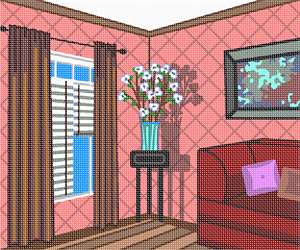 A cozy living room corner, decorated with a lacquered flower stand.