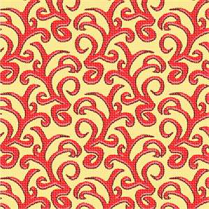 Repeating pattern "monkey tails". Bright scarlet curves against cream yellow background.