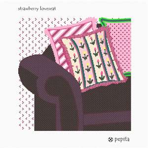 A luscious loveseat in hues of berry pinks with three fancy pillows.