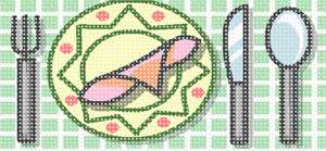 An bright and fresh scene with plate, napkin, and trendy flatware, set neatly on a sunny tablecloth.