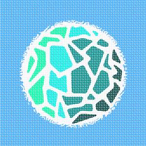 A globe of blue-green blobs in a swirling white atmosphere suspended in blue space.