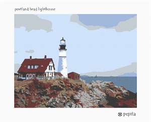 Red home and lighthouse rise up in sharp three-point perspective.