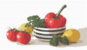 Salad ingredients in a delightful black and white striped bowl
