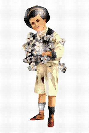 A smartly dressed little boy offers the observer some flowers.