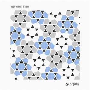 Tessellation of five-sided polygons arranged around six-pointed stars, in shades of gray and blue.