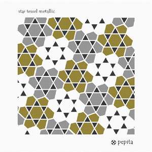 Tessellation of five-sided polygons arranged around six-pointed stars, in shades of silver and copper.