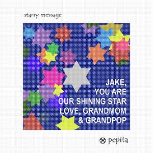 Speak your mind in style. Surround your personal message with layered six-point stars in multiple colors.