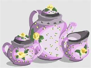 A matching set of florally decorated china: one for tea, one cream, and one sugar, in shades of lavender.