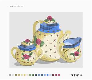 A matching set of florally decorated china: one for tea, one cream, and one sugar, in shades of lemon and blue.