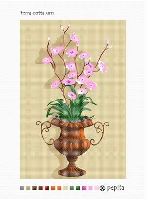 An urn in earthen colors, green foliage, and purple-pink flowers.