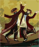 Original artwork by Nechama Shaish available in needlepoint. These Chasidim are dancing in true joy.