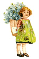 Delivered to your doorstep, a huge flower arrangement in a wicker basket, and a secret message. From whom can this be?  This is a vintage illustration.  The little girl is adorable.