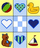Collage of 9 tiles, containing baby-boy themed art. Stitch this as baby shower gift.  The center square is perfect for the baby's name and birthday.  These are favorite baby boys items" a beach ball, rubber duckie, teddy bear, and a sailboat.