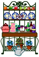 A baker's rack, loaded up with pretty dishes, wines, glasses, plants and fruit.