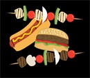 A hamburger, hot dog, and shish-kabobs in a barbecue collage. Barbecues remind us of summer. Let it be summer all year long as you stitch these adorable grilling foods. Don't forget to stitch the mustard!