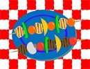 A pair of sish kabobs hot dog at a summer picnic barbecue.  Skewers included.  Barbecues remind us of summer. Let it be summer all year long as you stitch these adorable kabobs along with mushrooms, tomatoes, and other vegetables. Enjoy the red checkered picnic tablecloth background.