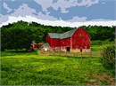A barn across a field