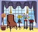 A sunlit room with decorated windows, comfortable chair, planters and side table. This design coordinates with others in our Home Sweet Home series. A house is made of walls and beams, a home is built with love and dreams. ...