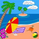 Another scene at tropical beach, with an island in the background.  See Beach 1 for a coordinating design. A big beach umbrella, a striped towel, beach ball and shovel adorn the sand.  A small island is seen in the distance.
