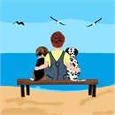 Oh, those innocent days of childhood. This nostalgic design takes you back in time... This is part of a series. A Dalmatian and Beagle Puppy watch the birds flying over the ocean with their beloved owner. Enjoy this whimsical needlepoint design.