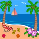 A scene at a sunny tropical beach. Palm trees, flip flops, a beach chair, and shells adorn the sand.  A sailboat drifts in the distance.