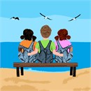 Oh, those innocent days of childhood. This nostalgic design takes you back in time... This is part of a series. Three childhood friends watch the seagulls flying over the ocean on a bench at the beach. Enjoy this whimsical needlepoint design.