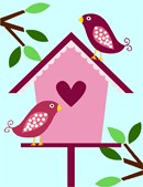 A lovely birdhouse with branches and leaves in heart themes and colors.