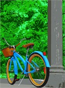 A bright blue bike stands against a pillar in a local park.