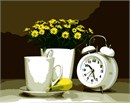 An alarm clock, cup of coffee and a banana await you in the morning.  The potted daisies add serenity to the scene.