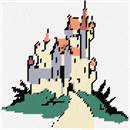 A stately castle rises high at the top of a lush green mountain.