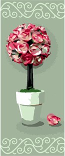 Potted rose topiary centerpiece. Red roses symbolize love and romance. Pink roses symbolize gratitude, grace, admiration, and joy. Orange roses symbolize enthusiasm and passion. Yellow roses symbolize friendship. White roses symbolize innocence and purity.