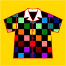 A dark, colorful checkered shirt against a pale yellow background.