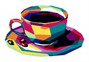 Geometric needlepoint of a cup and saucer in bright hues.  Why do we drink coffee? First, the caffeine in coffee helps to get people' blood moving and makes them feel energized. ... People tend to drink coffee at these gatherings whether or not they like it which eventually helps them to develop a taste for it and then it becomes addictive. Coffee drinkers say they drink coffee to relax.