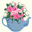 Bright pink floral arrangement in a teapot vase