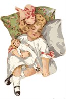 A girl clutching her doll and sleeping peacefully.