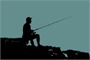 Fishing in silhouette while sitting on the rocks.A silhouette (English: /ˌsɪluˈɛt/ SIL-oo-ET, French: [silwɛt]) is the image of a person, animal, object or scene represented as a solid shape of a single color, usually black, with its edges matching the outline of the subject.