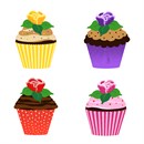 Cupcakes have been around since the late 1700's. The first mention of the cupcake can be traced as far back as 1796, when a recipe notation of “a cake to be baked in small cups” was written in American Cookery by Amelia Simms.  These four are decorated with fancy flower frosting.