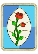 Stained glass panel with roses. Red roses symbolize love and romance. Pink roses symbolize gratitude, grace, admiration, and joy. Orange roses symbolize enthusiasm and passion. Yellow roses symbolize friendship. White roses symbolize innocence and purity.