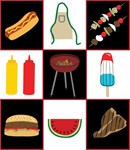 Stitch for the barbecue! A grill, hamburger, steak, ices, mustard, ketchup, apron, shish kabobs, and watermelon all in a summer sampler.