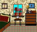 Guest bedroom, with plaid carpet, and simple furniture. This design coordinates with others in our Home Sweet Home series. A house is made of walls and beams, a home is built with love and dreams. ...