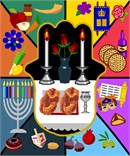 A hamsa is a palm-shaped amulet popular throughout the Middle East and North Africa and commonly used in jewelry and wall hangings. Celebrate Shabbat and the Jewish Holidays with this collage of judaica items. The center of the Hamsa is set as a Shabbos table. It is surrounded by holiday items such as a Lulov and esrog for Sukkos, Matzoh, candlesticks and wine for Pesach, apple, honey, shofar, and carrot for Rosh Hashana, a Megillah and mask for Purim, a Sefer Torah and flowers for Shavuos, and a Menorah, donut, and draidel for Chanukah. All around the year and Hebrew calendar, this hamsa is timeless and fun.