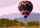 The pink-and-chocolate chevron hot air balloon hovers over the desert landscape. Hot air balloons work because hot air rises. By heating the air inside the balloon with the burner, it becomes lighter than the cooler air on the outside. This causes the balloon to float upwards, as if it were in water. Obviously, if the air is allowed to cools, the balloon begins to slowly come down.
