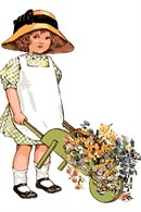 A girl dressed in green gingham trundles a wheelbarrow of flowers to market. Flowers and floral design are among the most popular needlepoint designs. People have been stitching flowers and floral motifs for hundreds of years.  Flowers are bright and pleasant, and most have underlying meanings to them.