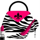 It's a purse, high heel shoe, and lipstick zebra ensemble. Animal print accentuates the fuchsia. Fleur de lis too. For that special woman in your life. This design is easy to stitch even for a beginner. It stitches up beautifully with just the right amount of contrast.