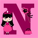 Large pink letter N with a princess, magic wand and pocketbook.