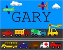 An excavator, dump truck, fire engine, police car, ambulance, pickup truck, mail truck, cement mixer, and a school bus are all riding along the highway. Personalize with your favorite little guy's name.