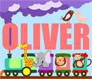 Name in bold, surrounded by a cute train with various animal passengers peeking from the windows. This is a canvas that gets customized with the name of your choice.  It is adorable for a baby boy shower gift, or a little boy's holiday or birthday present.